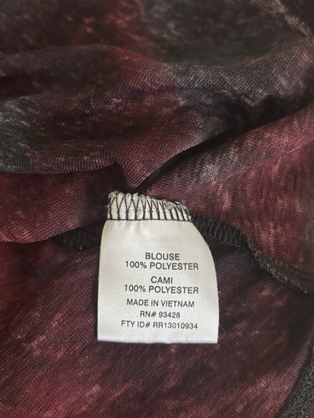 B. Street Burgundy Charcoal tie-dye cowl neck top Shirt 3/4 sleeves Mesh Sheer M - Picture 11 of 12